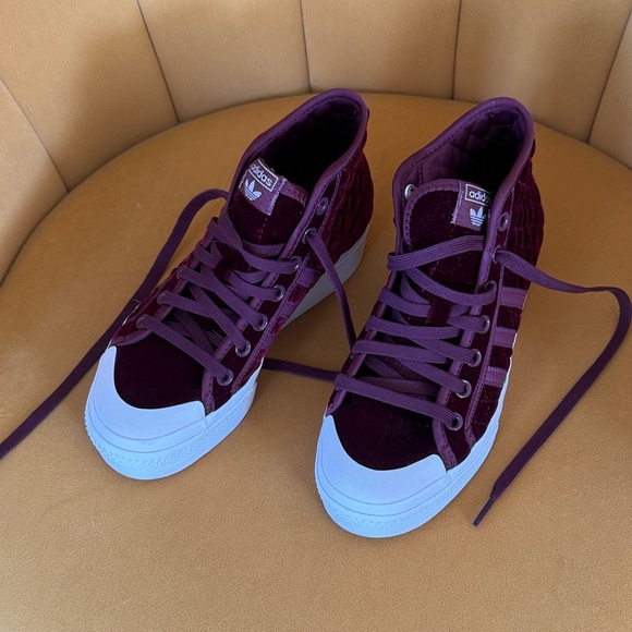 Adidas Nizza Women's Velvet Burgundy High-Top Sneakers - Picture 1 of 5